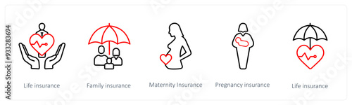 A set of 5 insurance icons such as life insurance, family insurance