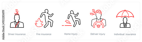 A set of 5 insurance icons such as driver insurance, fire insurance