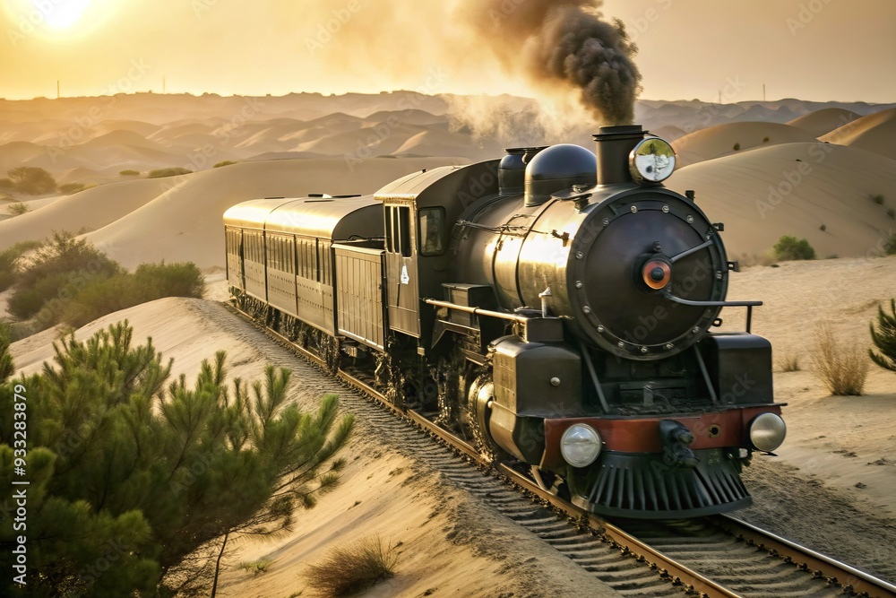 Fototapeta premium Vintage Indian locomotive chugs along weathered stone rails, set against a dramatic wild landscape of sandy dunes and rugged terrain, amidst a warm sunset.