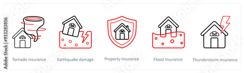 A set of 5 insurance icons such as tornado insurance, earthuqake damage