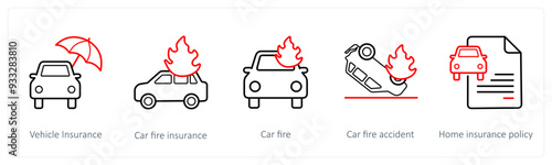 A set of 5 insurance icons such as vehicle insurance, car fire insurance