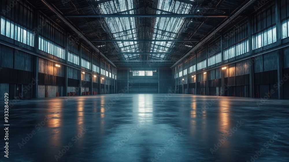 Fototapeta premium Spacious Modern Industrial Warehouse Interior with High Ceilings and Large Windows