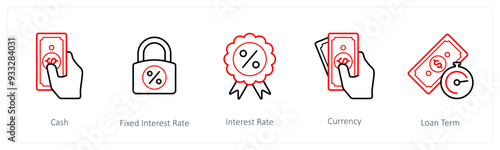 A set of 5 loan icons such as cash, fixed interest rate