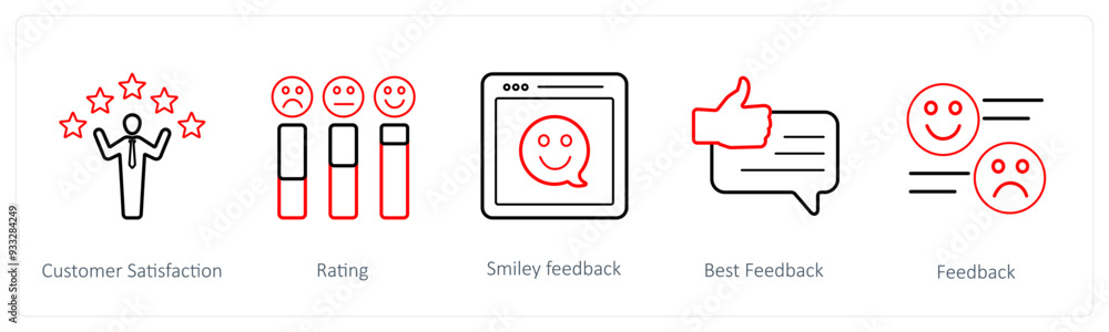 A set of 5 survey and ratings icons such as customer satisfaction, rating A set of 5 survey and ratings icons such as customer satisfaction, rating