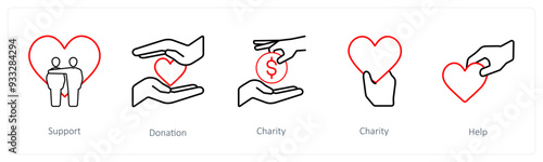 A set of 5 crowdfunding and donation icons such as support, donation, charity