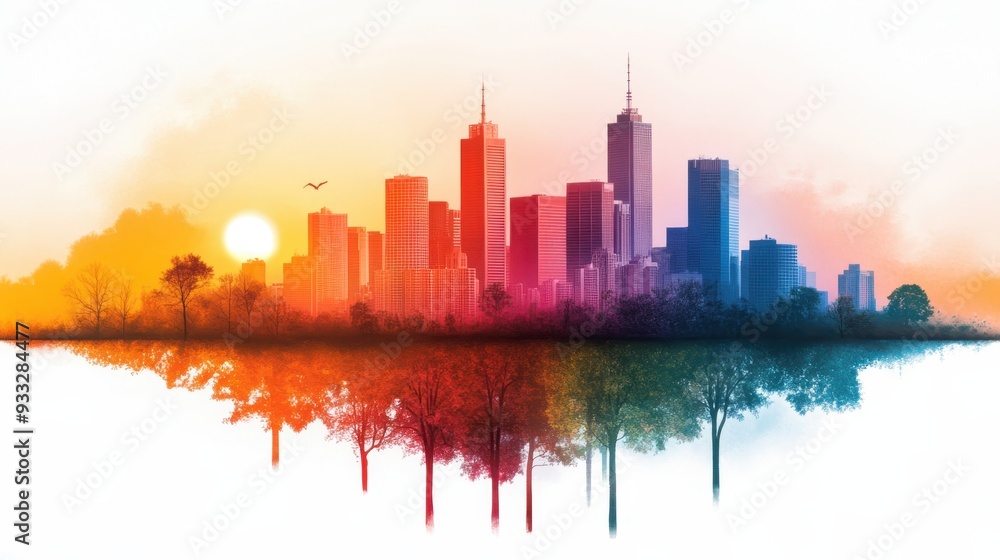 Fototapeta premium Urban Nature Fusion: Abstract Watercolor City Skyline with Environmental Insights