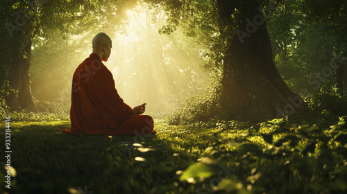 Monk meditating in a tranquil forest, surrounded by lush greenery and soft sunlight filtering through the trees