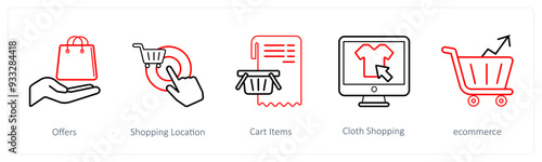 A set of 5 ecommerce and shopping icons such as offers, shopping location