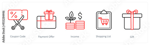 A set of 5 ecommerce and shopping icons such as coupon code, payment offer