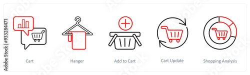 A set of 5 ecommerce and shopping icons such as cart, hanger, add to cart