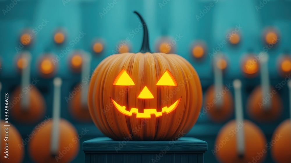 Fototapeta premium Spooky Pumpkin Orchestra in Cartoon Style Halloween Symphony with Glowing Instruments and Copy Space, Selective Focus on Foreground -