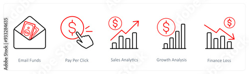 A set of 5 ecommerce and shopping icons such as email funds, pay per click