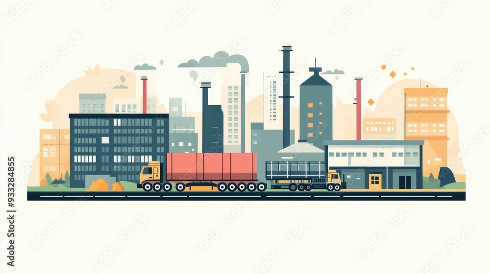 Obraz premium Flat design depicting the tracking and management of raw material supplies through the complex logistics of a modern supply chain network including production distribution and analytics