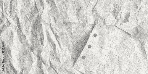 Black dusty textured background, sheets of crumpled checkered, dotted, craft paper. Noisy gritty dot halftone effect, aged banner in grunge style, overlay. Torn out notebook pages.