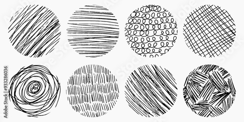 Set of circles with different pencil hatching on white background. Doodle hand drawn elements, spirals, crosshatch, lines, scratches.