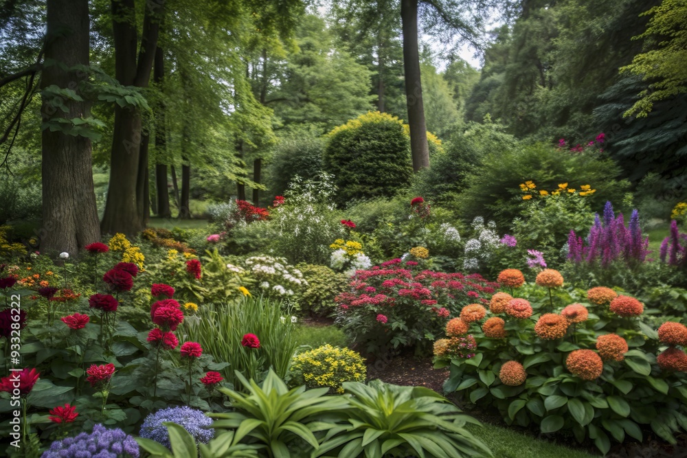Vibrant flowers of various colors bloom amidst lush greenery and towering trees, creating a stunning tapestry of natural beauty in a serene garden setting. Vibrant flowers of various colors bloom amidst lush greenery and towering trees, creating a stunning tapestry of natural beauty in a serene garden setting.