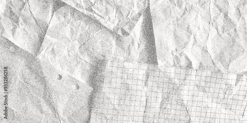 Black dusty textured background, sheets of crumpled checkered, dotted, craft paper. Noisy gritty dot halftone effect, banner in grunge style, overlay. Torn out notebook pages, template.