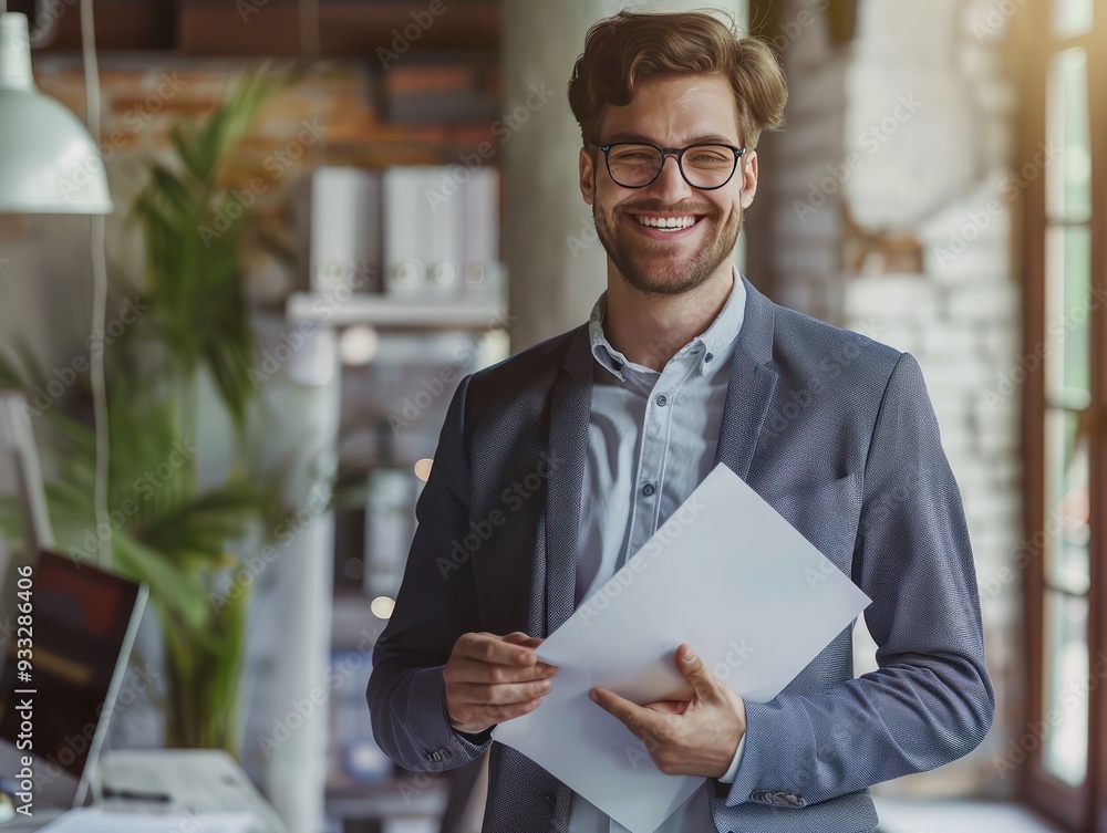 Happy young businessman in office, glasses on, holding paper, smiling confidently. Happy young businessman in office, glasses on, holding paper, smiling confidently.