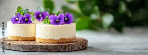  A tight shot of a cake slice adorned with flowers atop a wooden board on a table #933286441