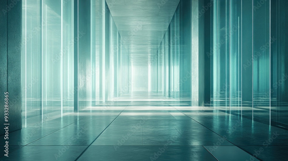 Abstract minimalist hallway with a bright light at the end, lined with clear glass panels. Abstract minimalist hallway with a bright light at the end, lined with clear glass panels.