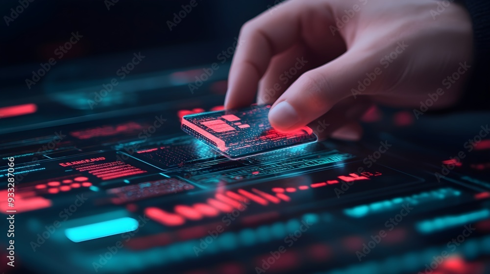 Naklejka premium Futuristic Tech Interface - Hand Holding Microchip