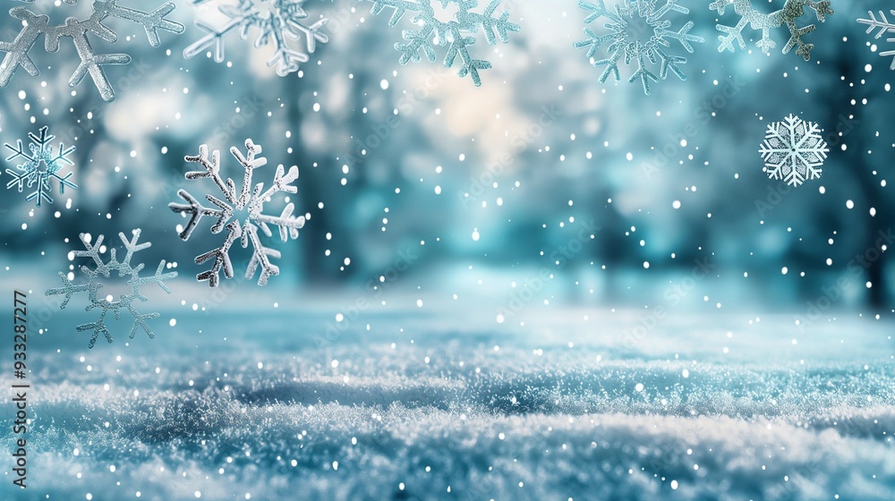 Naklejka premium A winter wonderland scene with shimmering icy blue and silver snowflakes cascading over a serene landscape, evoking the magic of a quiet, snowy evening.