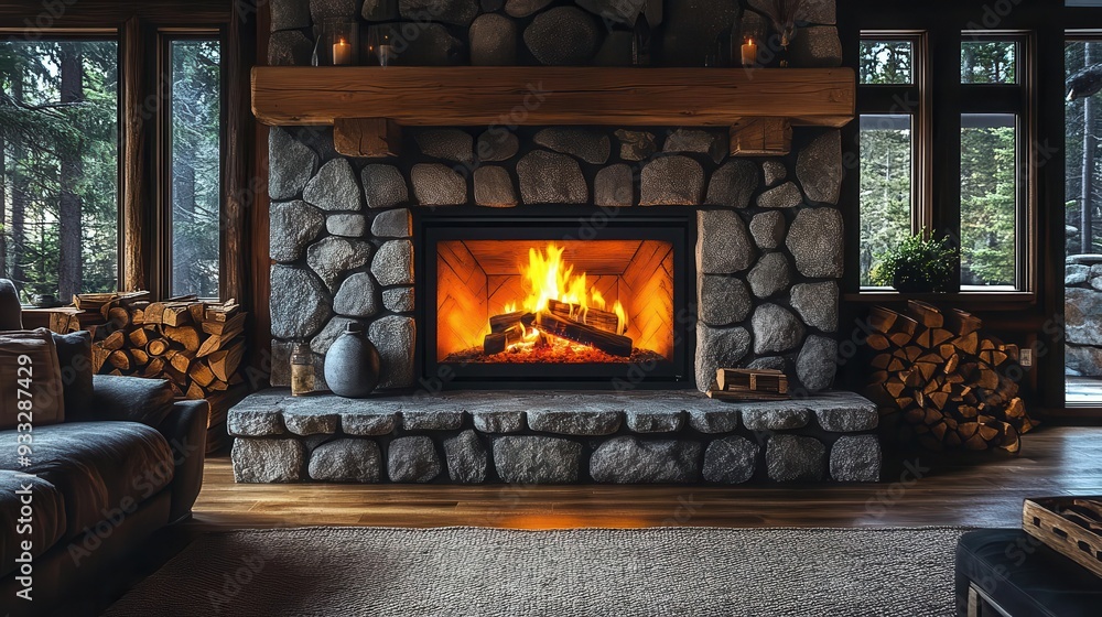 cozy stone fireplace with crackling flames warm glow illuminating rustic living room stacked firewood nearby cozy stone fireplace with crackling flames warm glow illuminating rustic living room stacked firewood nearby
