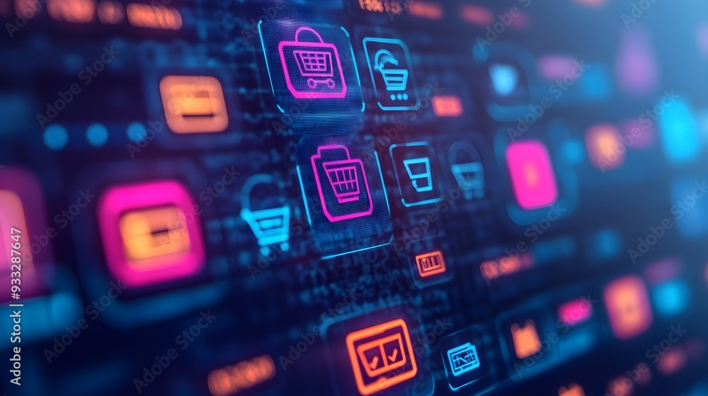 Fototapeta premium Neon Shopping Cart Icons on Digital Interface