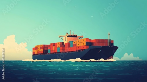 Flat design depicting the process of coordinating and managing ocean freight shipments for global logistics and supply chain