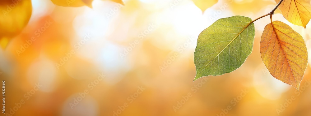A tree branch's leaf close-up, sun illuminating, background softly blurred A tree branch's leaf close-up, sun illuminating, background softly blurred