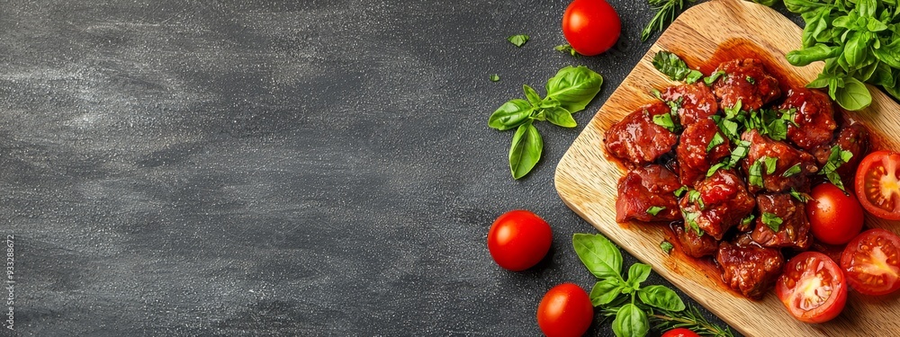 A black stone table holds a wooden cutting board laden with tomatoes, basil, and more tomatoes A black stone table holds a wooden cutting board laden with tomatoes, basil, and more tomatoes