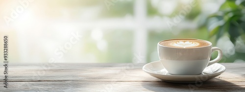 A cappuccino on a saucer, positioned before a wooden table Outside, past the window, a background slightly out of focus