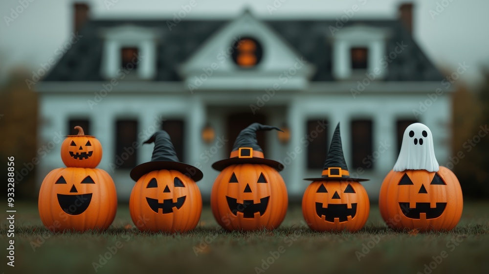 Halloween Fun with Pumpkins Dressed as Witch, Vampire, and Ghost in Front of Haunted Mansion - Cartoon Style Scene with Copy Space Halloween Fun with Pumpkins Dressed as Witch, Vampire, and Ghost in Front of Haunted Mansion - Cartoon Style Scene with Copy Space