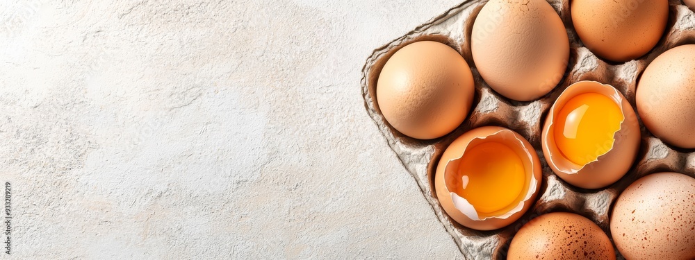 A carton holds brown eggs atop a white wall, next to another carton likewise filled with brown eggs A carton holds brown eggs atop a white wall, next to another carton likewise filled with brown eggs