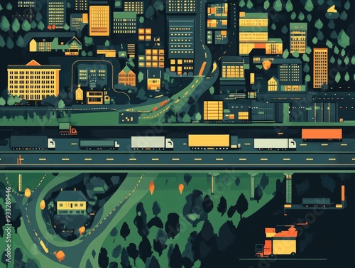Efficient Digital Logistics Network Mapping for Optimized Transport and Delivery Flat design of a comprehensive logistics system with data analytics route planning and supply chain optimization