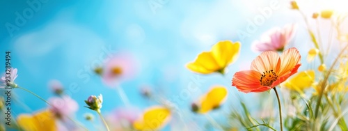  A vibrant floral field against a backdrop of blue sky, with foreground flowers in hues of yellow and pink