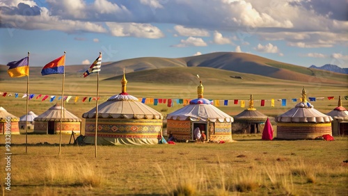 Vibrant festival grounds await, adorned with colorful flags and traditional yurt dwellings, amidst a serene Mongolian steppe backdrop, steeped in ancient nomadic heritage. photo