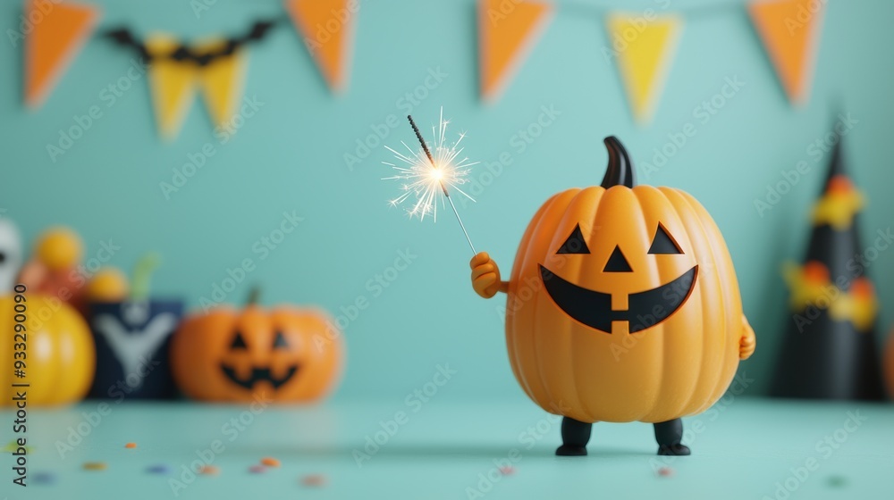 Cheerful Pumpkin Character with Sparkler in a Vibrant Halloween Party Scene - Festive Cartoon with Copy Space and Selective Focus Cheerful Pumpkin Character with Sparkler in a Vibrant Halloween Party Scene - Festive Cartoon with Copy Space and Selective Focus