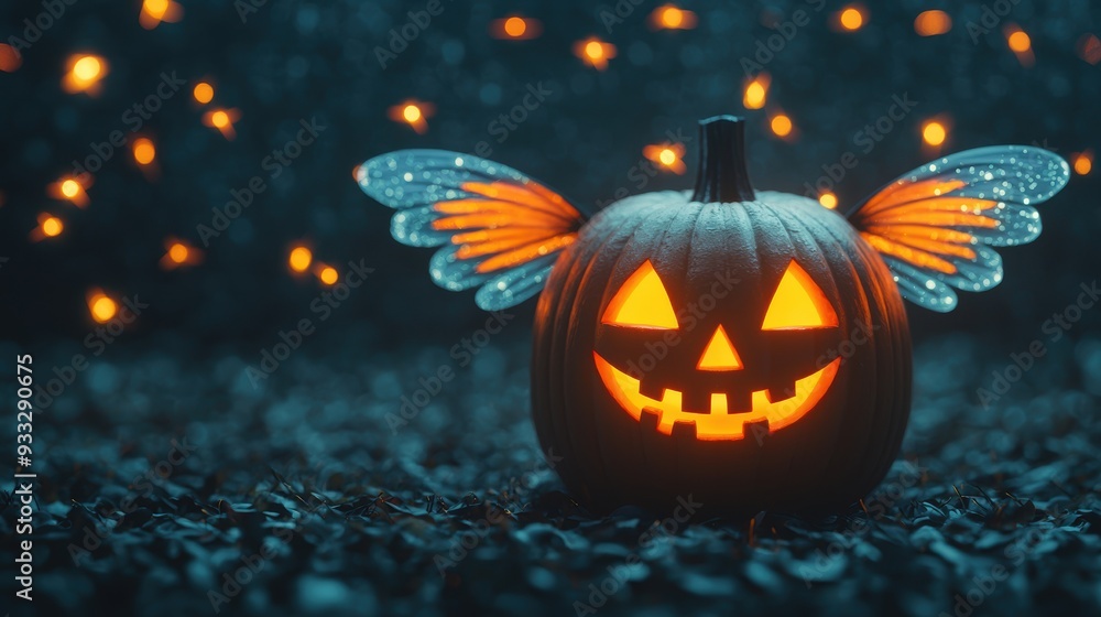 Naklejka premium Enchanting Halloween Night: Cute Pumpkin Fairy with Glowing Fireflies in Cartoon Style - Whimsical and Magical Background with Copy Space,