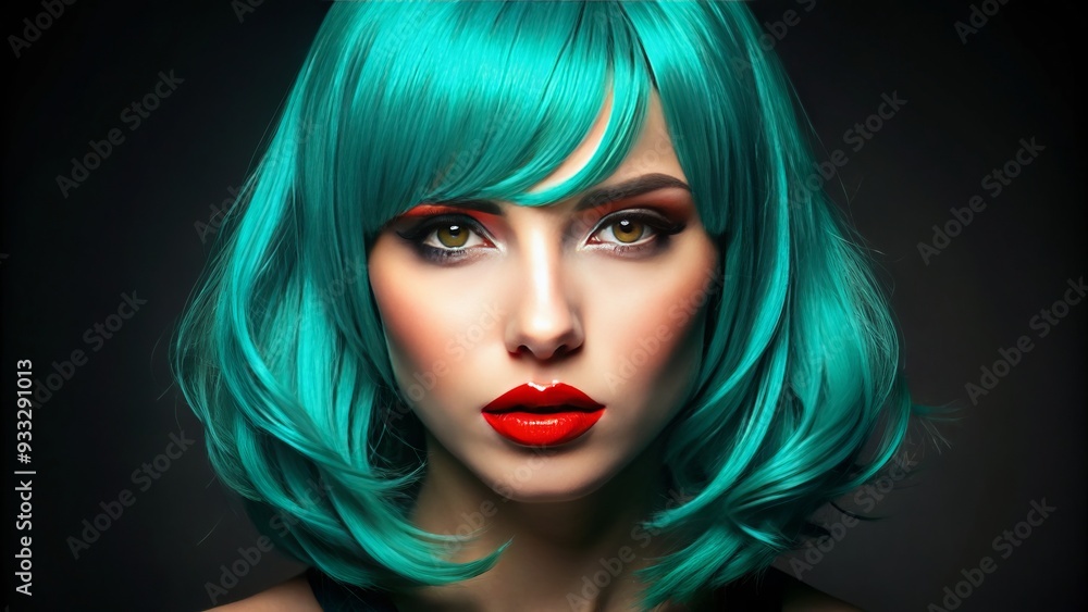 Naklejka premium sharp high-contrast headshot of girl with vibrant turquoise hair and bold orange lipstick against a black gradient background for an edgy look