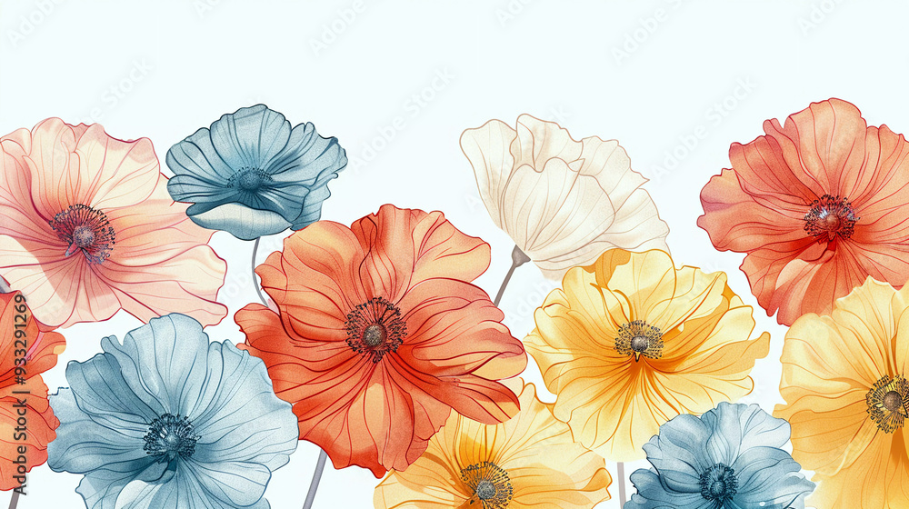 A colorful bouquet of flowers with a blue and white background A colorful bouquet of flowers with a blue and white background