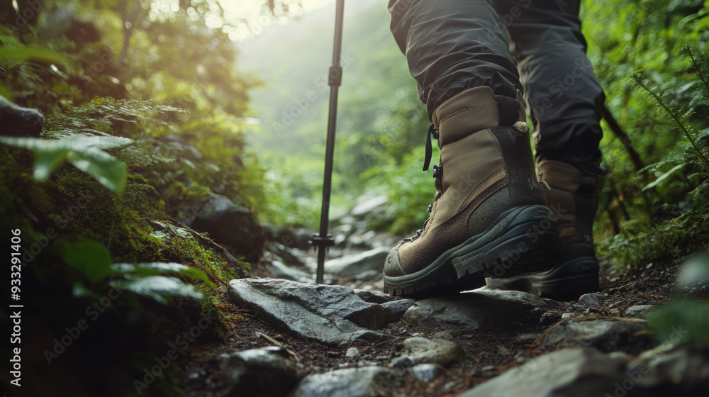 Hiker's boots and trekking poles on a rocky trail, surrounded by lush greenery and soft morning light filtering through the trees