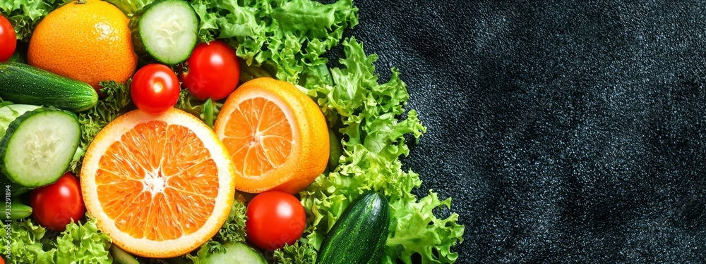 An arrangement of fruits and veggies forming an orange and cucumber shape against a black backdrop An arrangement of fruits and veggies forming an orange and cucumber shape against a black backdrop