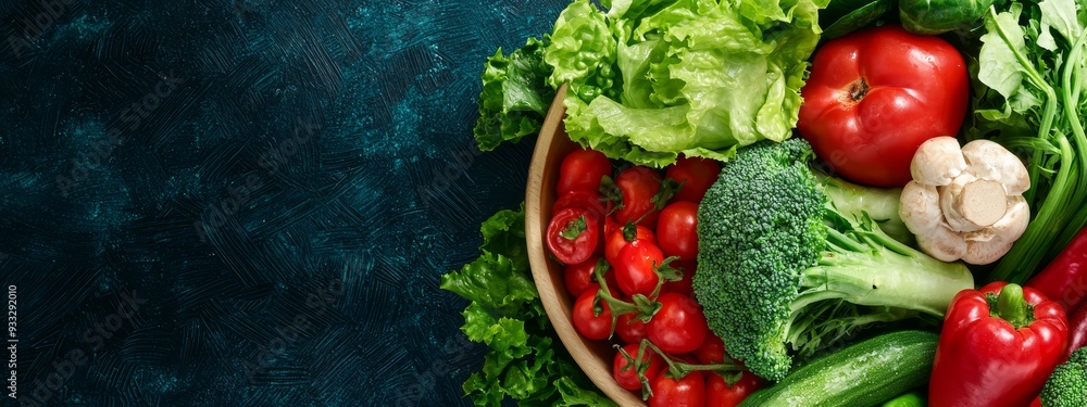 A blue surface holds a basket filled with various veggies against a matching background A blue surface holds a basket filled with various veggies against a matching background