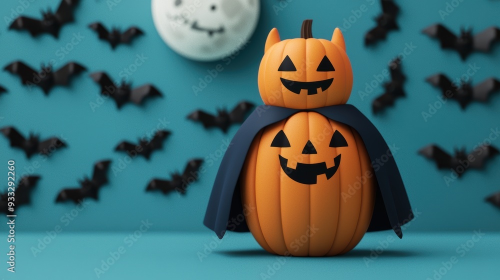 Spooky Pumpkin Character in Vampire Cape Under the Full Moon - Halloween Cartoon Spooky Pumpkin Character in Vampire Cape Under the Full Moon - Halloween Cartoon