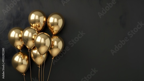 Gold balloons bunch on a black wall background. Horizontal banner.