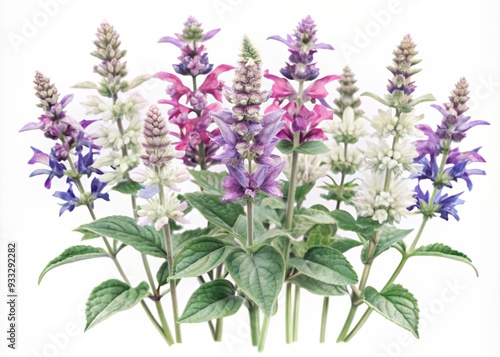Vibrant salvia flowers with delicate petals and stems in shades of blue, purple, and white, artistically rendered in watercolor, isolated on a pure white background.