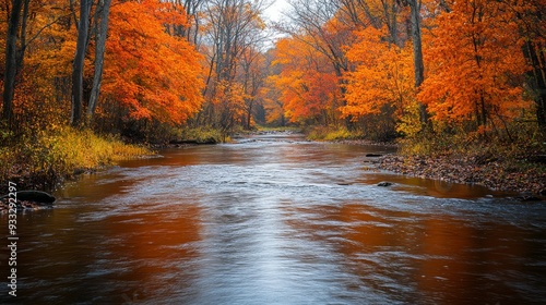 Scenic view of a river reflecting vibrant autumn foliage in a tranquil forest