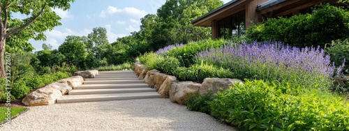  A pathway of purple-flanked steps leads to a house nestled in a verdant, flower-strewn expanse