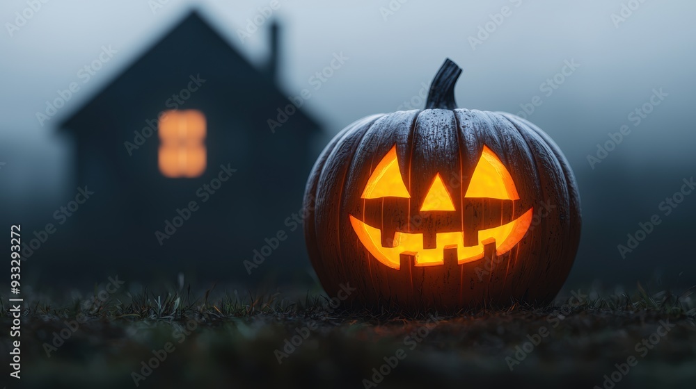 Naklejka premium Enchanting Cartoon Pumpkin with Haunted House Glow on Halloween Night